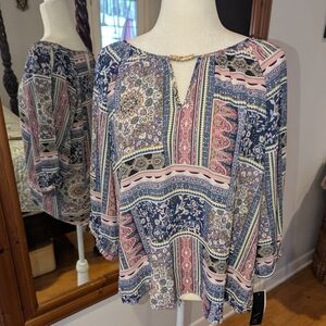 BCX Patchwork Floral Peasant Blouse in Navy & Pink